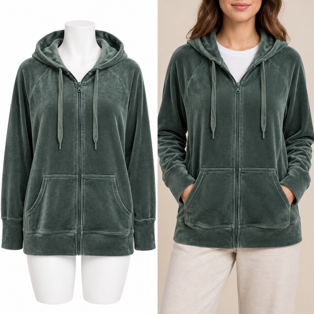 OFFLINE by Aerie Hoodie Women Medium Green Velour Full Zip Long Sleeve Soft Cozy